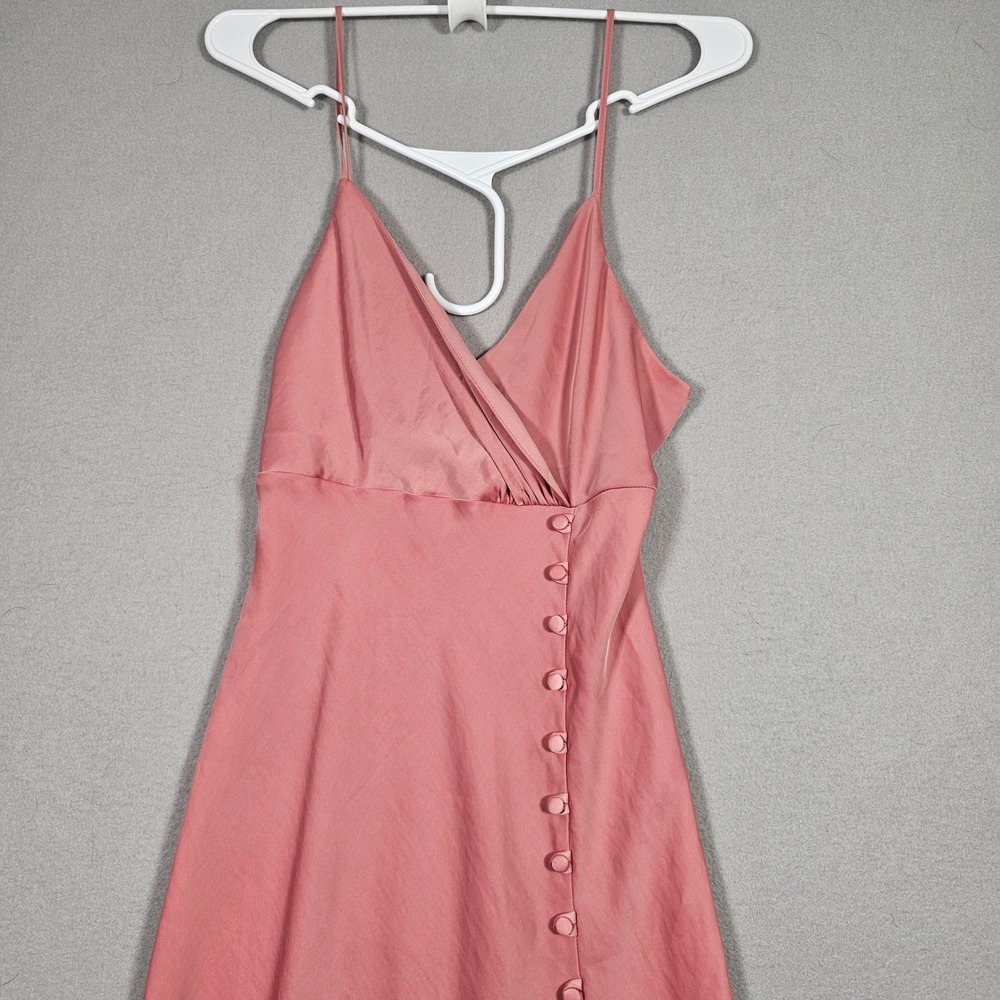 ZARA Rose Pink Satin Maxi Dress Surplice V-Neck Side Slit Gown Adjustable Straps - Picture 2 of 11